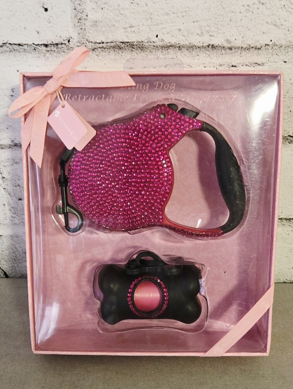 Furry Friends Pink Rhinestone Retractable Dog Leash Waste Bag Dispenser Set